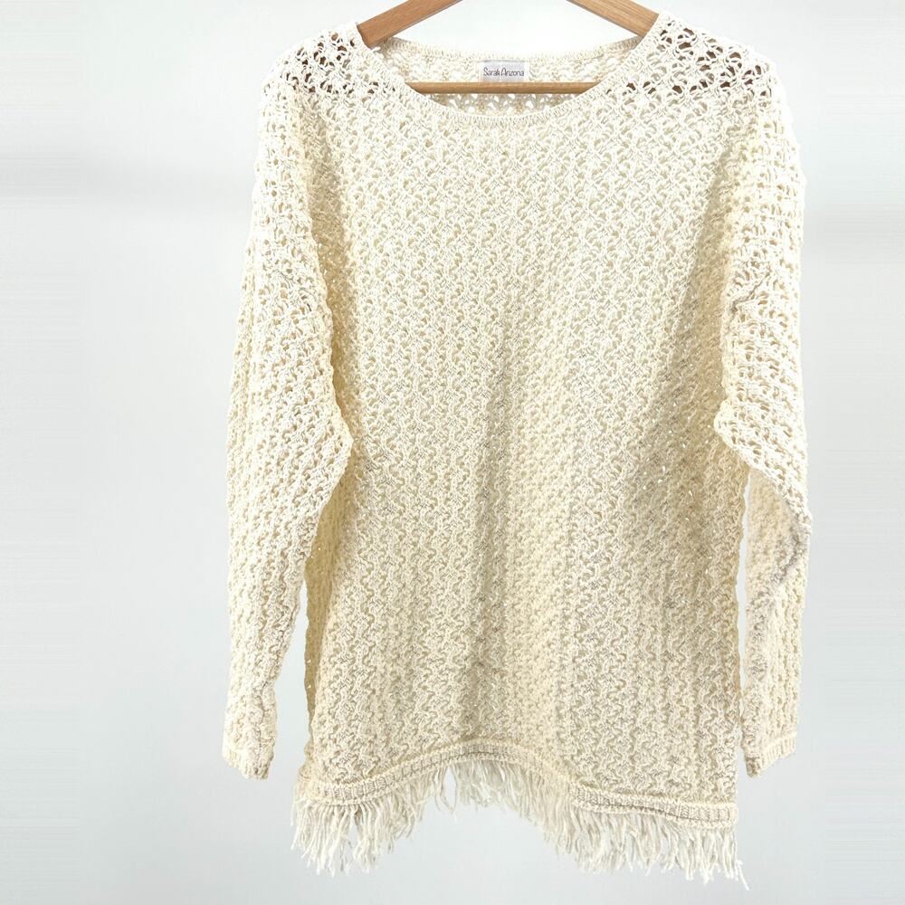 Vintage 1990s Sarah Arizona Cream 100% Cotton Fringe Knit Sweater